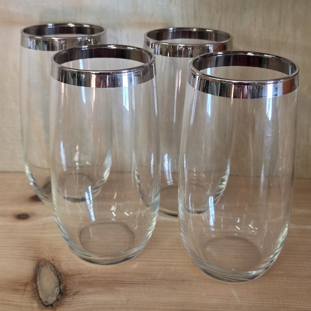 Silver Rimmed Vintage Glass Tumblers Drink Glasses